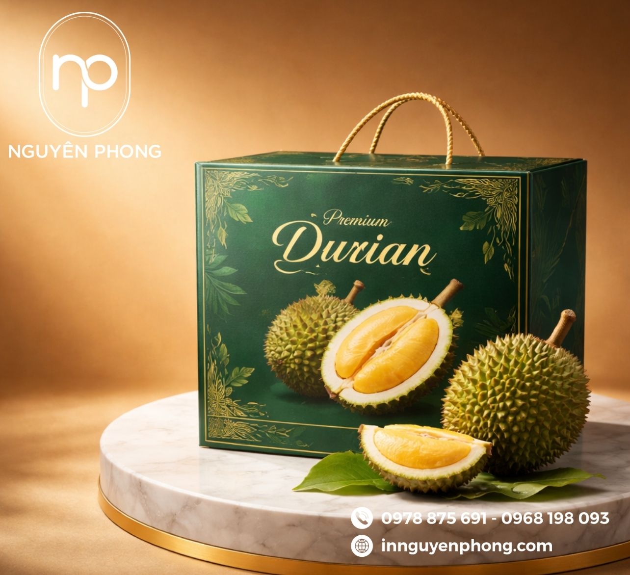 Mẫu in hộp đựng sầu riêng có quai xách